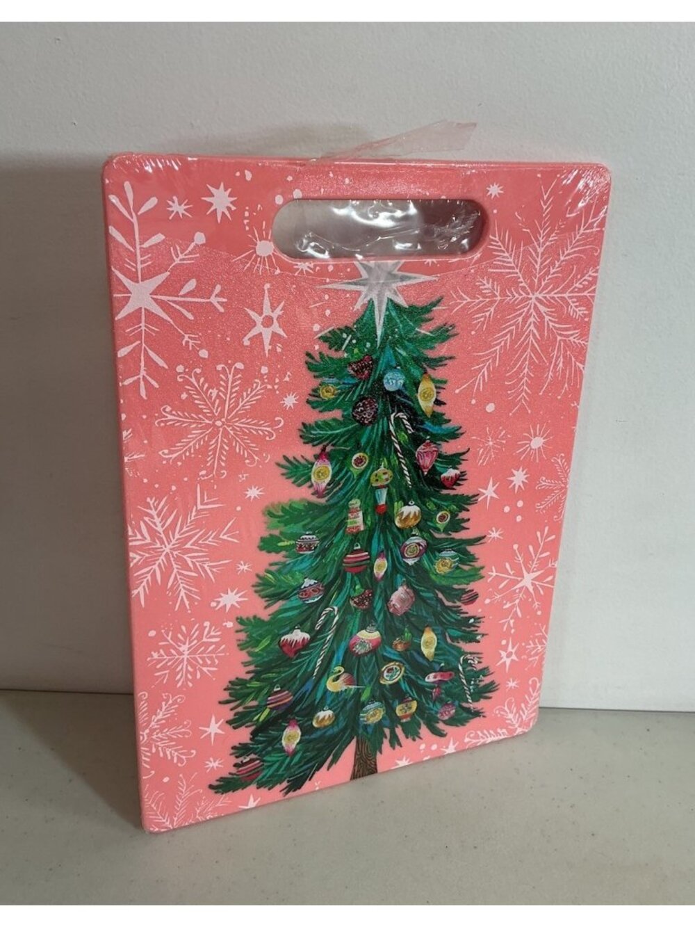 Pink Vintage Style Christmas Tree Cutting Board Plastic 10x14 New